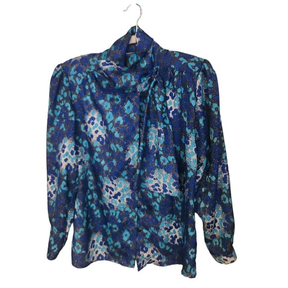 Silky Vtg Blue Leopard Blouse Jason Roberts - Picture 1 of 4